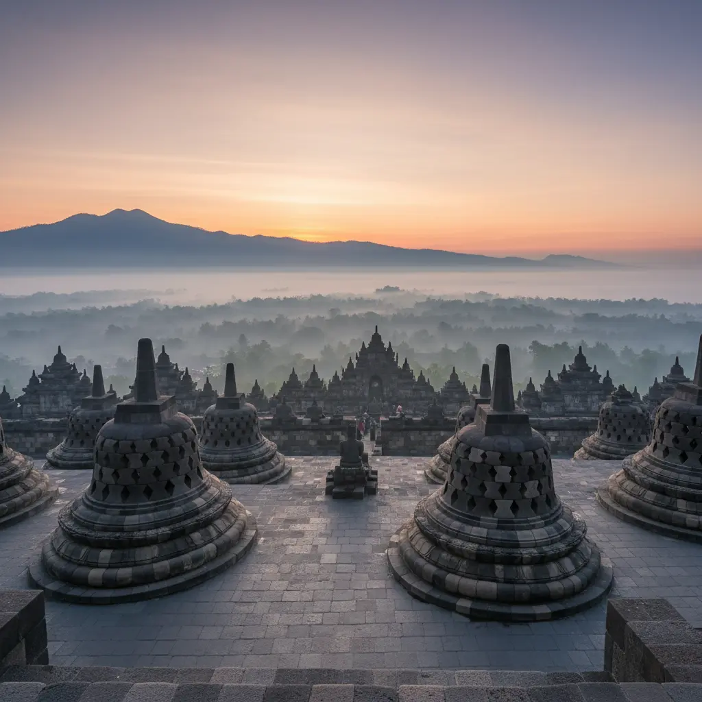 Pemandangan matahari terbit di Candi Borobudur
